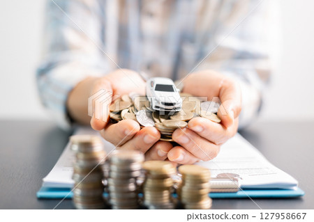 Concept businessman vehicle finance protection office plan investment protect hand save buy sell car ensuring idea financial security automobile agent purchase insurance secure favorable loan deal 127958667