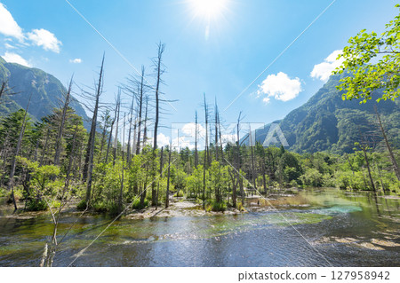 <長野>上高地的壯麗景色：岳澤沼澤和六百山 127958942