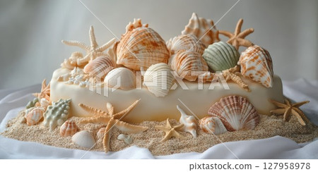 Creative beach-themed cake decorated with intricate shell details and sandy appearance 127958978