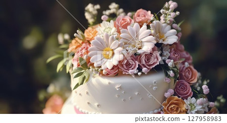 Elegant wedding cake adorned with vibrant flowers in a lush garden setting during a sunny afternoon 127958983