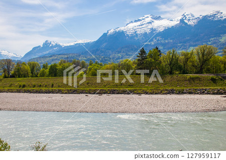 View of the river Rhine between Liechtenstein and Switzerland View of the river Rhine between Liechtenstein and Switzerland 127959117