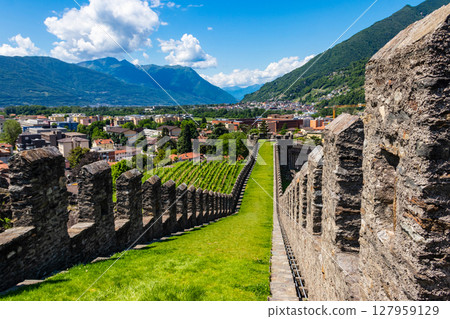 Walls of Castelgrande castle in Bellinzona, Switzerland. Unesco World Heritage 127959129