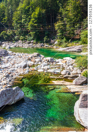 View of the Verzasca river in Lavertezzo, Verzasca Valley, Ticino Canton, Switzerland 127959136