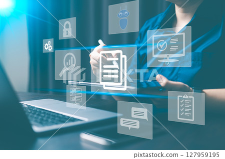 ERP, Electronic document management system concept, search and business manage files online document database, efficient archive and company information datum. Technology digital asset management. 127959195