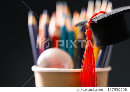 Concept education is business scholarship essential idea globalization, mortarboard students learn and study in universities and colleges master knowledge save involves financial management diploma 127959208