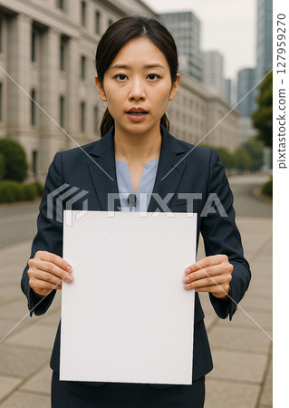 Outdoor snapshot of a businesswoman holding a blank sheet of paper for a presentation 127959270