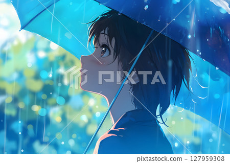 美麗的動漫風格女性人物卡通畫，在雨中撐著傘 127959308