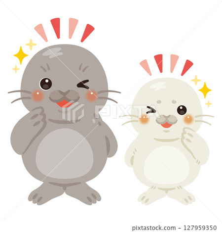 Character illustration of a parent and child seal giving a good sign Character illustration of a parent and child seal giving a good sign 127959350
