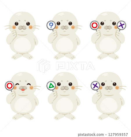 一組小海豹人物插圖，手持圓形、方形和三角形卡片 127959357