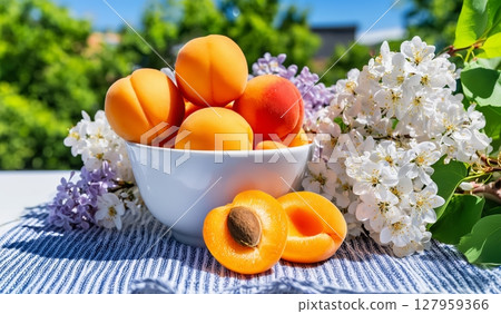 Fresh apricots in a white bowl surrounded by blooming cherry and lilac flowers. Outdoor summer setting with bright sunlight and greenery. 127959366