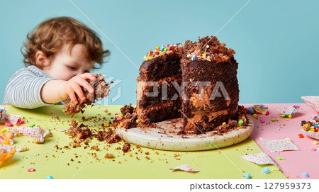 Toddler making a mess while grabbing chocolate cake with hands. Colorful birthday party scene with sprinkles, crumbs, and pastel background. Toddler making a mess while grabbing chocolate cake with hands. Colorful birthday party scene with sprinkles, crumbs, and pastel background. 127959373