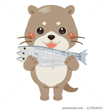 一隻水獺抱著一條魚的人物插圖 127959423