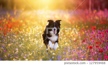 Black and white border collie running through a vibrant wildflower field at golden hour. Joyful motion in colorful sunset light. 127959488
