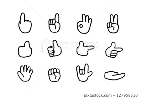 Illustration set of various hand poses: pointing, peace, okay, attention, like, hand-drawn 127959510