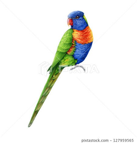 Rainbow lorikeet on white background hand drawn watercolor illustration. Trichoglossus moluccanus Australian native wildlife avian. Bright colorful parrot endemic bird of Australia 127959565
