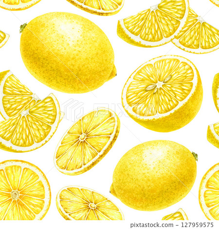 Lemon fruit on white background seamless pattern. Hand drawn vintage style watercolor illustration. Fresh citrus yellow lemon fruit whole, cut and slice endless pattern design element Lemon fruit on white background seamless pattern. Hand drawn vintage style watercolor illustration. Fresh citrus yellow lemon fruit whole, cut and slice endless pattern design element 127959575