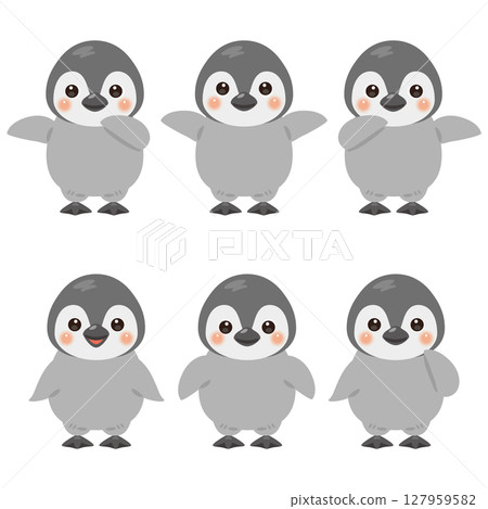 Set of illustrations of baby penguins pointing 127959582