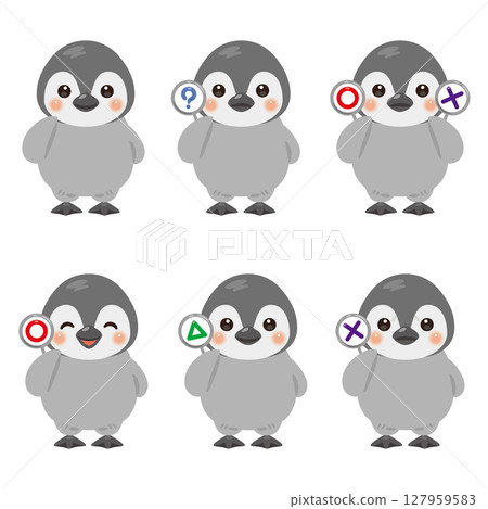 一組拿著〇×△卡片的企鵝寶寶人物插圖 127959583