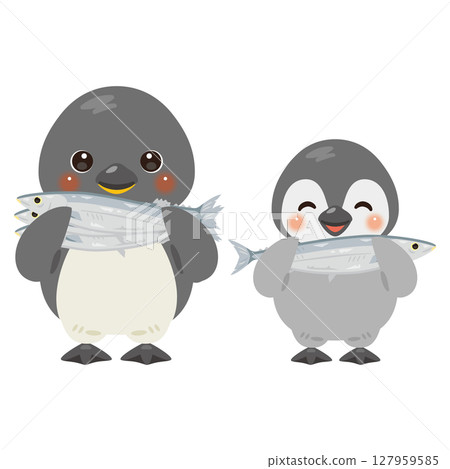 Character illustration of a penguin parent and child holding a fish 127959585