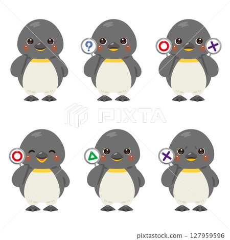 企鵝人物插畫集拿著圓圈、圓形、三角形或三角形標誌 企鵝人物插畫集拿著圓圈、圓形、三角形或三角形標誌 127959596