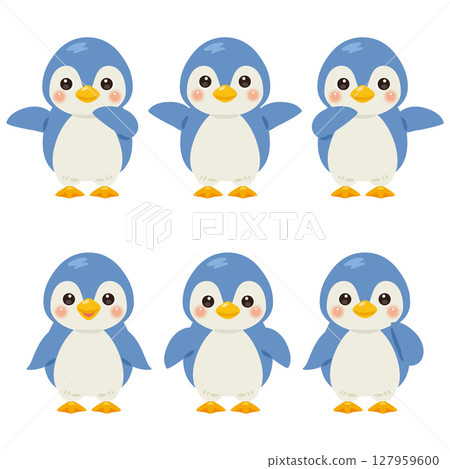 Set of blue penguin character illustrations pointing 127959600