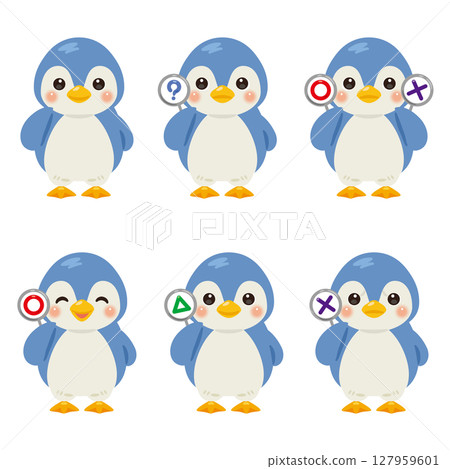 一組藍色企鵝人物插圖，上面有圓形、方形和三角形的卡片 127959601