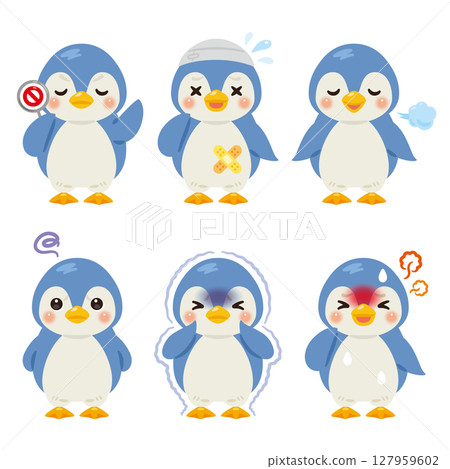 Set of blue penguin character illustrations in various states 127959602