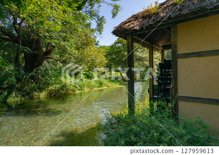 <安曇野>大王山葵農場的水車和美麗溪流的壯麗景色 127959613