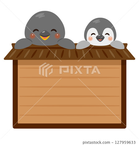 微笑的企鵝父母和孩子角色插圖騎在木牌上 127959633