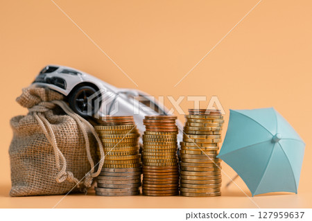 Concept business vehicle finance protection office plan investment buy sell coin car ensuring idea financial security. automobile agent tax protect purchase insurance and secure favorable loan deal 127959637