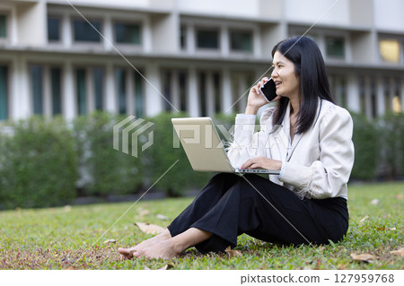 Future remote work combines technology smart phone connection online white digital business woman enable e-learning productivity while travel blend comfort modern devices serenity computer equipment 127959768