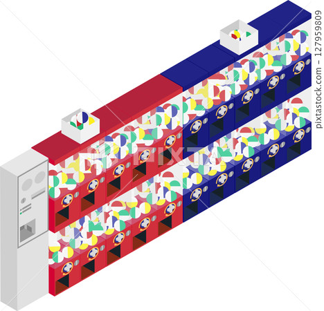 Image of a sales floor with many isometric currency exchange machines and gachapon machines 127959809