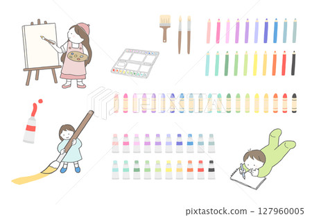 Illustration set of children drawing pictures Illustration set of art supplies Children learning art Illustration set of children drawing pictures Illustration set of art supplies Children learning art 127960005