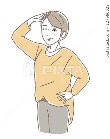 中年婦女雙手叉腰，望向遠方 127960028