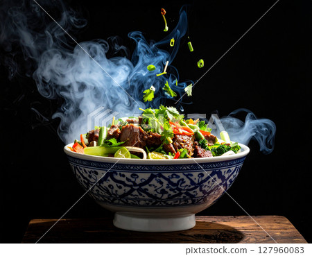 AI generated smoky thai sue rong hai grilled beef with fresh ingredients falling into ornate thai bowl juicy marinated steak spicy dipping sauce aromatic herbs 127960083