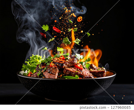AI generated smoky thai sue rong hai grilled beef with fresh ingredients falling into ornate thai bowl juicy marinated steak spicy dipping sauce aromatic herbs 127960085