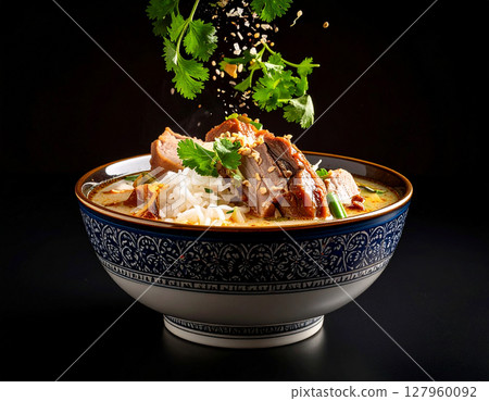 AI generated rich thai khao kha moo with tender braised pork leg and ingredients falling into ornate thai bowl savory five-spice broth melt-in-mouth texture AI generated rich thai khao kha moo with tender braised pork leg and ingredients falling into ornate thai bowl savory five-spice broth melt-in-mouth texture 127960092