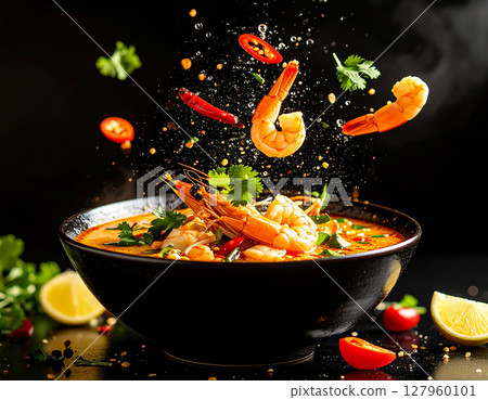 AI generated tangy thai kaeng som pak krachut with fresh ingredients falling into ornate thai bowl vibrant tamarind broth crunchy water mimosa healthy herbs AI generated tangy thai kaeng som pak krachut with fresh ingredients falling into ornate thai bowl vibrant tamarind broth crunchy water mimosa healthy herbs 127960101