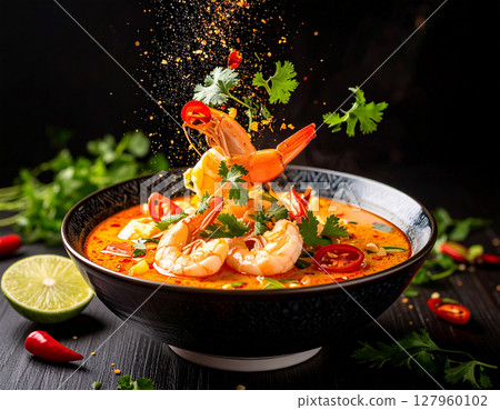 AI generated tangy thai kaeng som pak krachut with fresh ingredients falling into ornate thai bowl vibrant tamarind broth crunchy water mimosa healthy herbs 127960102
