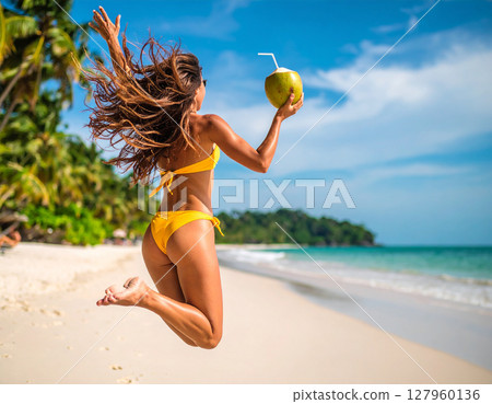 AI generated an energetic tanned woman with long hair jumping joyfully on a tropical beach in a yellow bikini, facing away from camera while holding a fresh coconut drink 127960136