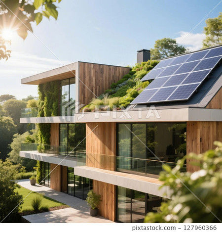 配有太陽能電池板和屋頂綠化的現代房屋 127960366