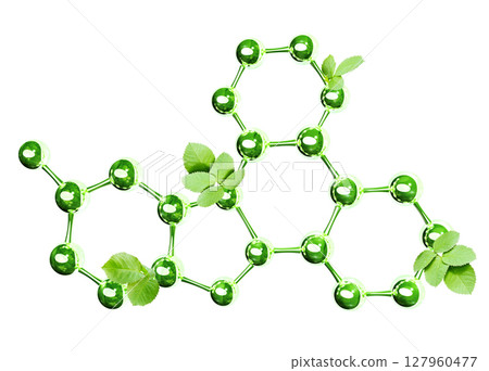 Organic molecular structure with green hues and leaves. 3d glass atom model with leaf. Ecology, go green, Green Energy, environmental, conservation protection concept. Isolated on white background 127960477