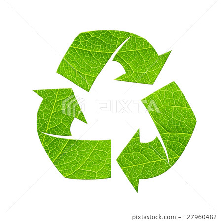 New life. Arrows recycle symbol and green leaf. Reuse, renewable resources. Eco-friendly, Ecology, go green, Green Energy, environmental, zero waste, responsible consumption concept. Isolated on white 127960482