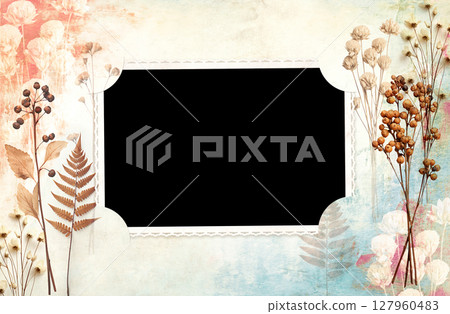 Vintage album page with retro photo frame. Retro background with old blank photo, dry pressed leaves and flowers on paper texture. Nostalgic scrapbooking style. Mock up template. Copy space for text 127960483
