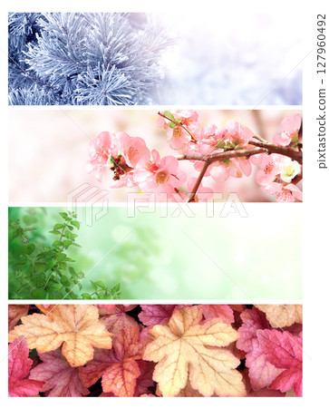 Set of horizontal nature banners. Four season of year. Each one features scene of nature, from the gentle snowfall of winter to the vibrant leaves of summer. Perfect for showcasing changing seasons 127960492