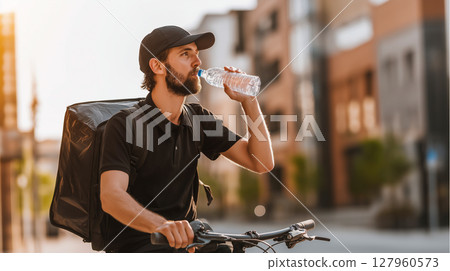 Delivery man drinks water while biking in the city 127960573