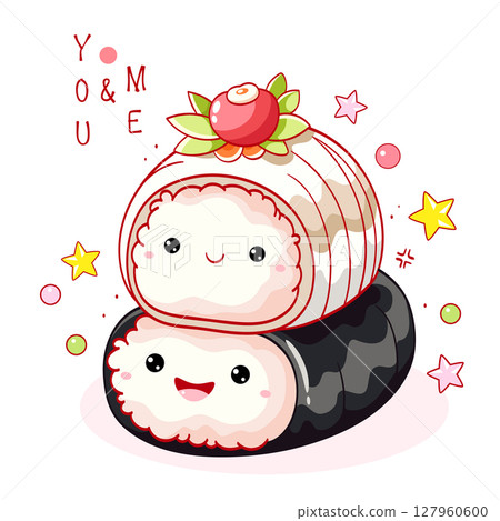 Valentine card with two rolls characters kawaii style with smiling faces. Greeting card with cute Japanese traditional cuisine dishes. You and me. Can be used for t-shirt print, sticker. Vector EPS8 127960600