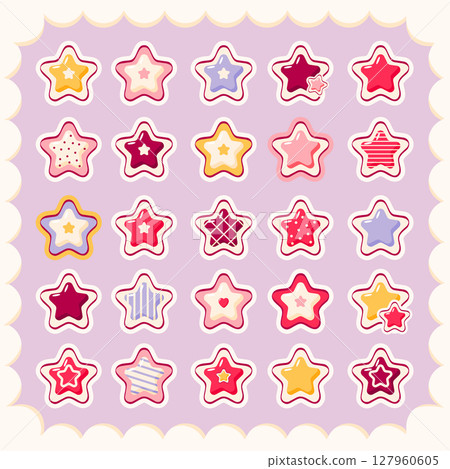 Set of stickers in kawaii style. Cute eye-catching tag, label with star. Collection of cozy star-shaped sticker. Can be used for t-shirt print, sticker, greeting card. Vector illustration EPS8 127960605