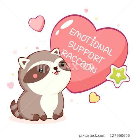 Emotional support raccoon. Friendly little raccoon with heart. Adorable kawaii pet. Trust, help, protection and emotional guidance concept. Vector poster for nursery, greeting card, print, kid t-shirt 127960606