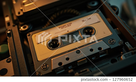 Cassette tape with blank label spinning inside old tape deck 127960652